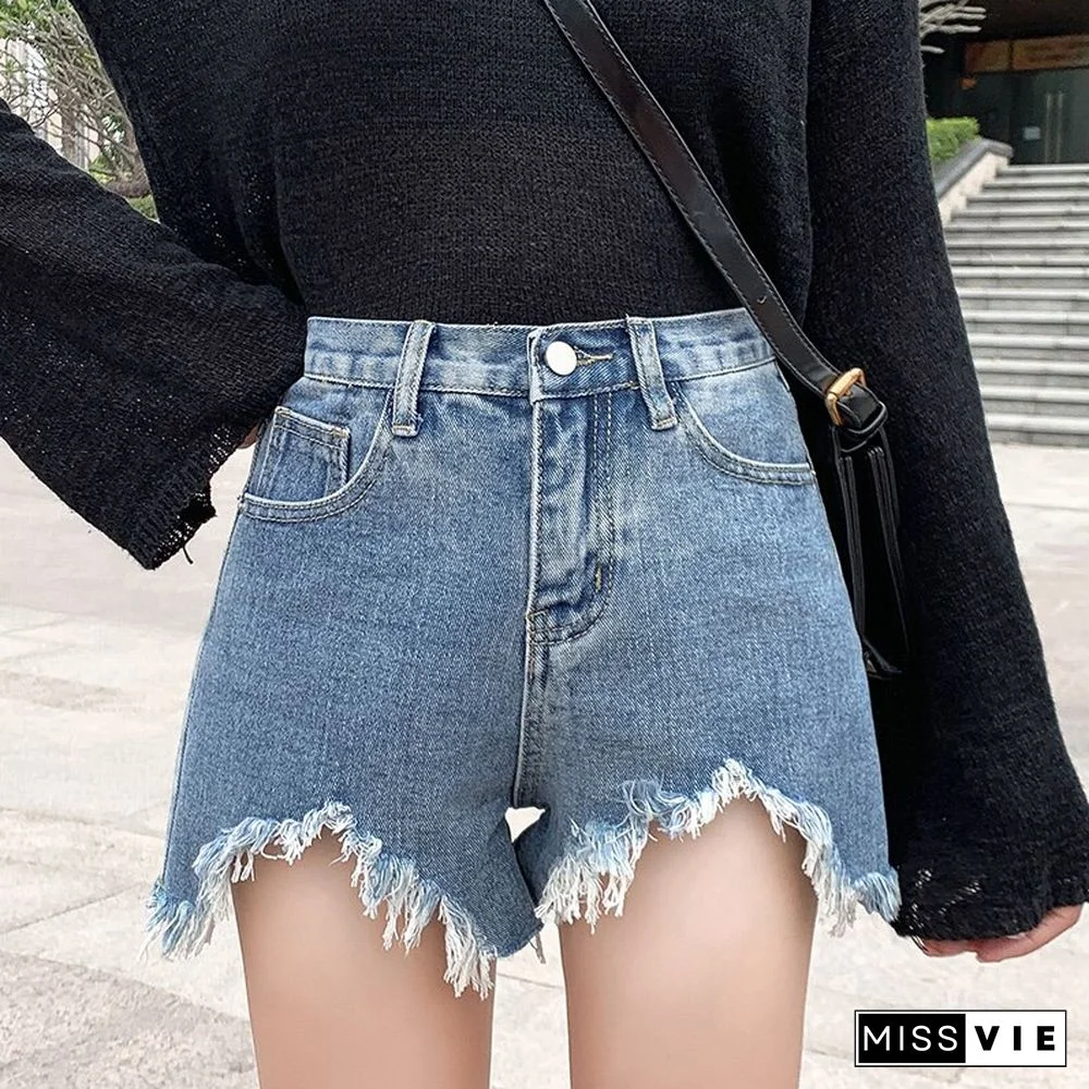 Spring Summer Korean Fashion Hole Denim Shorts Women Loose Casual Jean Shorts High Waist A Line Tassel Blue Hot Shorts New