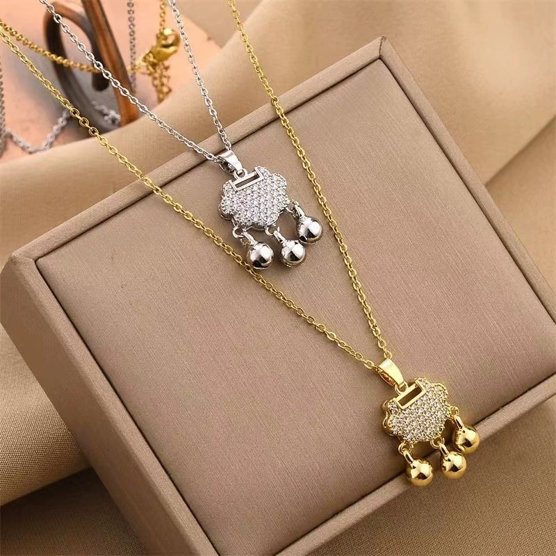 Chinese lock Pendant Cubic zircon gold plated Necklace