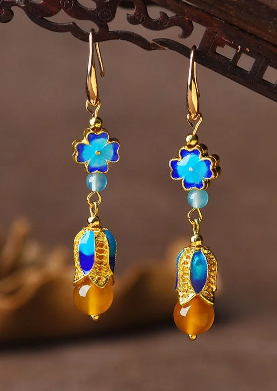 Vintage Blue Metal Agate 14K Gold Original Design Drop Earrings