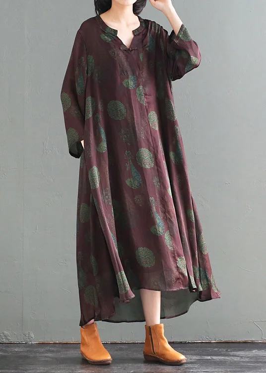 Women Oversized Chinese Button Print Silk Long Dress Fall