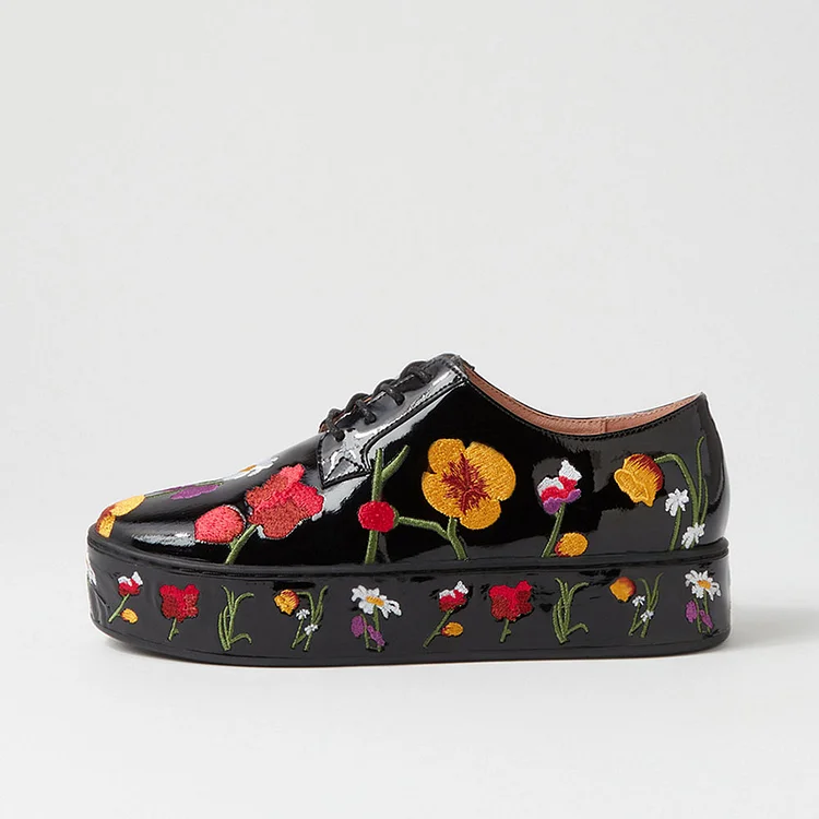 Black Patent Leather Floral Lace-up Platform Shoes for Women |FSJ Shoes