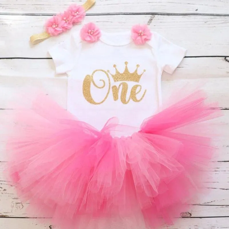 1st Birthday Outfits Baby Girl Clothes Fluffy Children Ballet Skirts with Headband Cotton Romper Infant Clothing Suits for Party