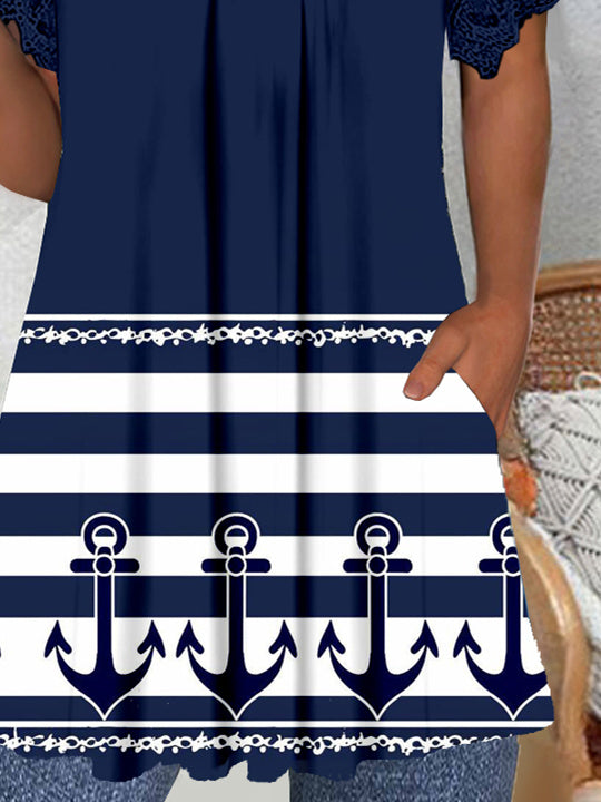 Women's Short Sleeve V-neck Graphic Lace Pockets Tops