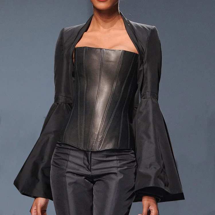Fashion Square Neck Flare Sleeve Corset PU Leather Blouse