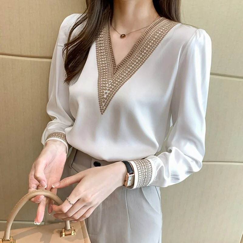 2021 Spring Office Lady Long Sleeve Blouse Fashion Solid V Neck Chiffon Blouses Women Tops Plus Size Clothing Loose Blusas 13366