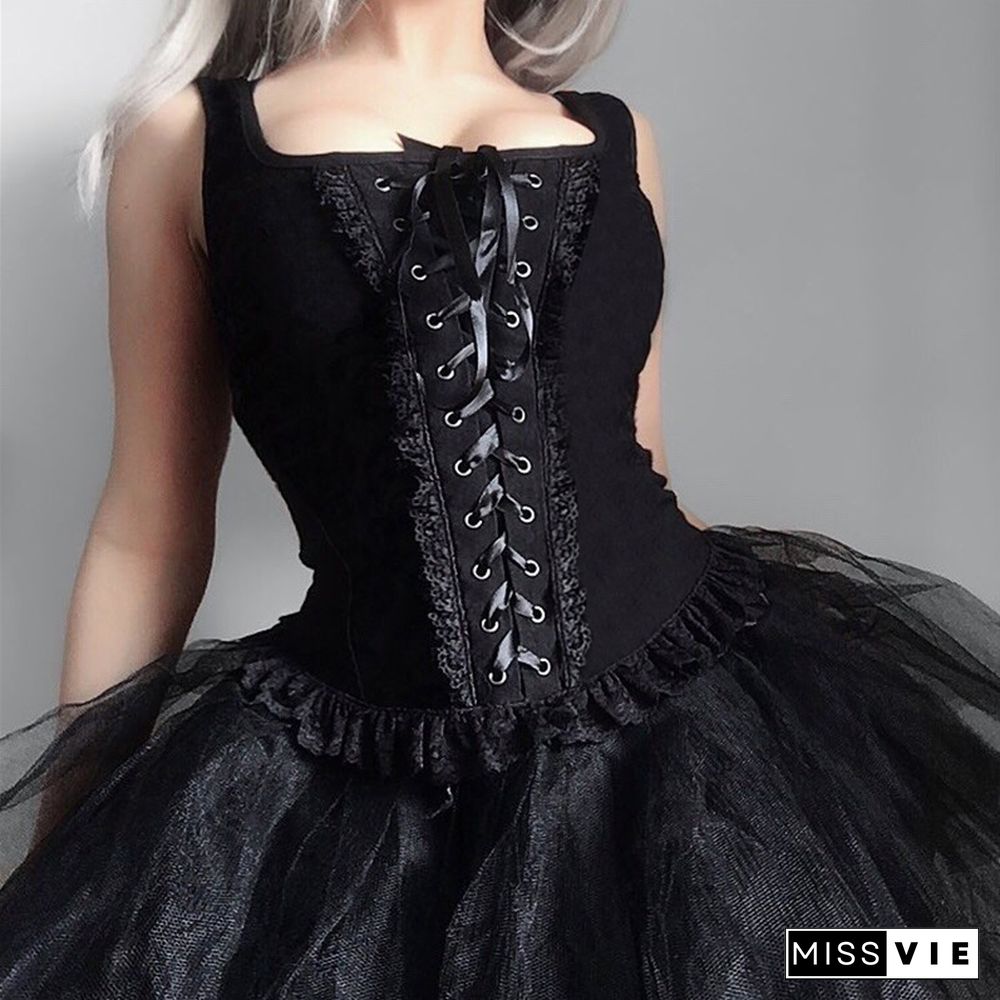 Goth Cross Print Lace Bodycon Crop Tops Camis Sexy Y2K Aesthetic Black Red Basic Corset Tank Top Summer Clothes For Women Girls