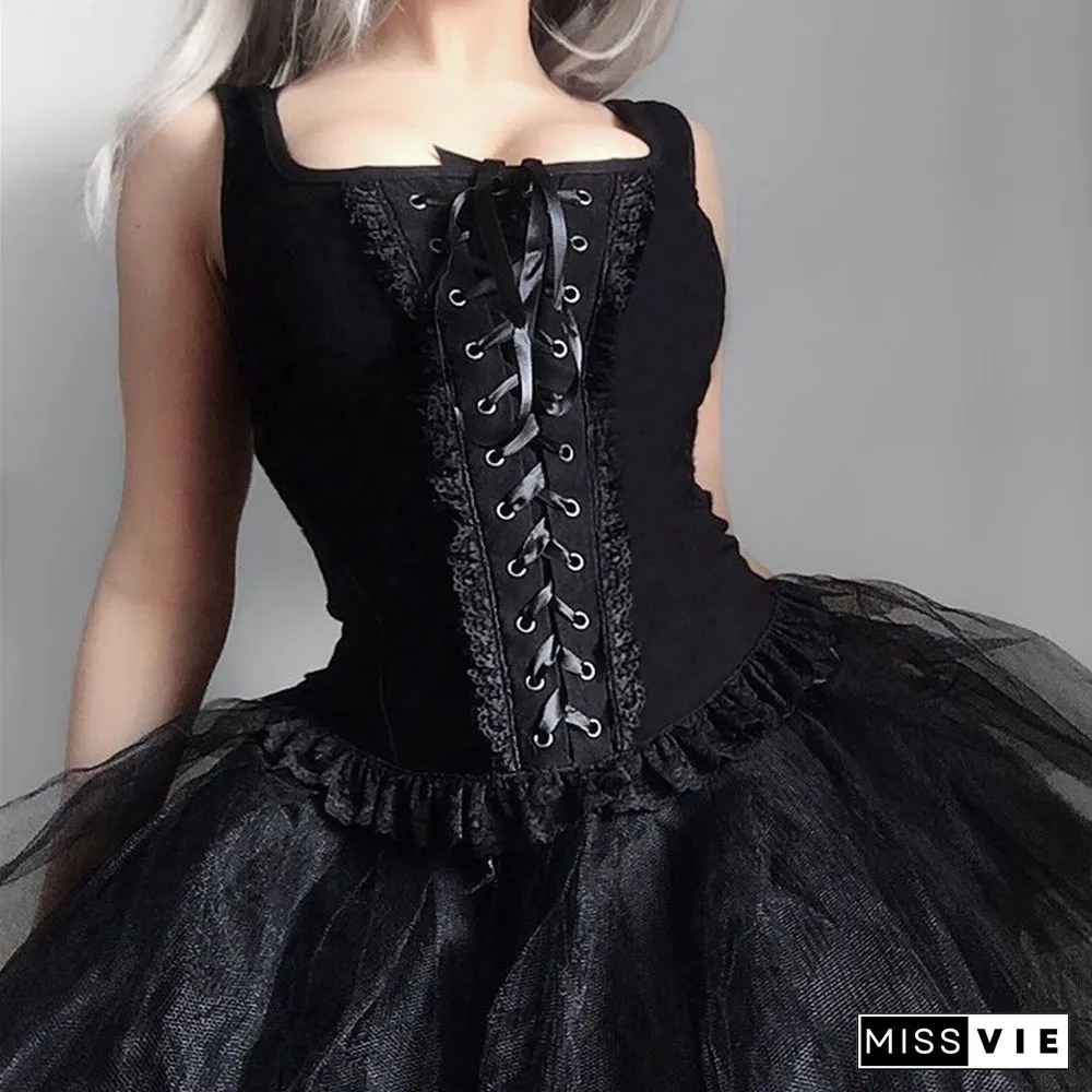 Goth Cross Print Lace Bodycon Crop Tops Camis Sexy Y2K Aesthetic Black Red Basic Corset Tank Top Summer Clothes For Women Girls