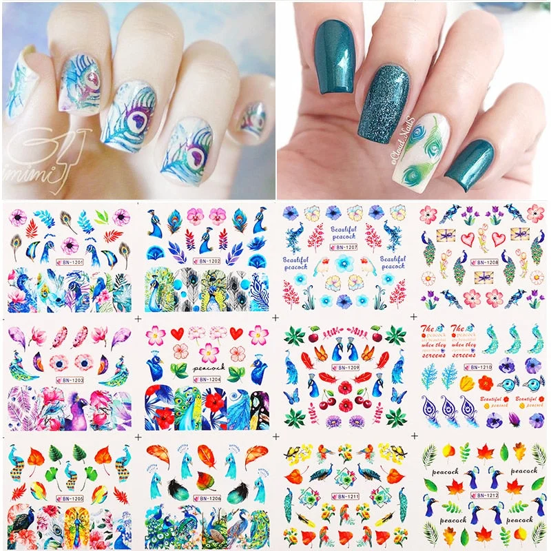 12 Designs Nail Stickers Set Mixed Floral Geometric Nail Art Water Transfer Decals Sliders Flower Leaves Manicures Decoration-Nail Inspo