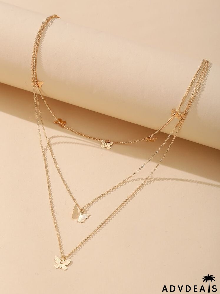 Layered Butterfly Charm Chain Necklace