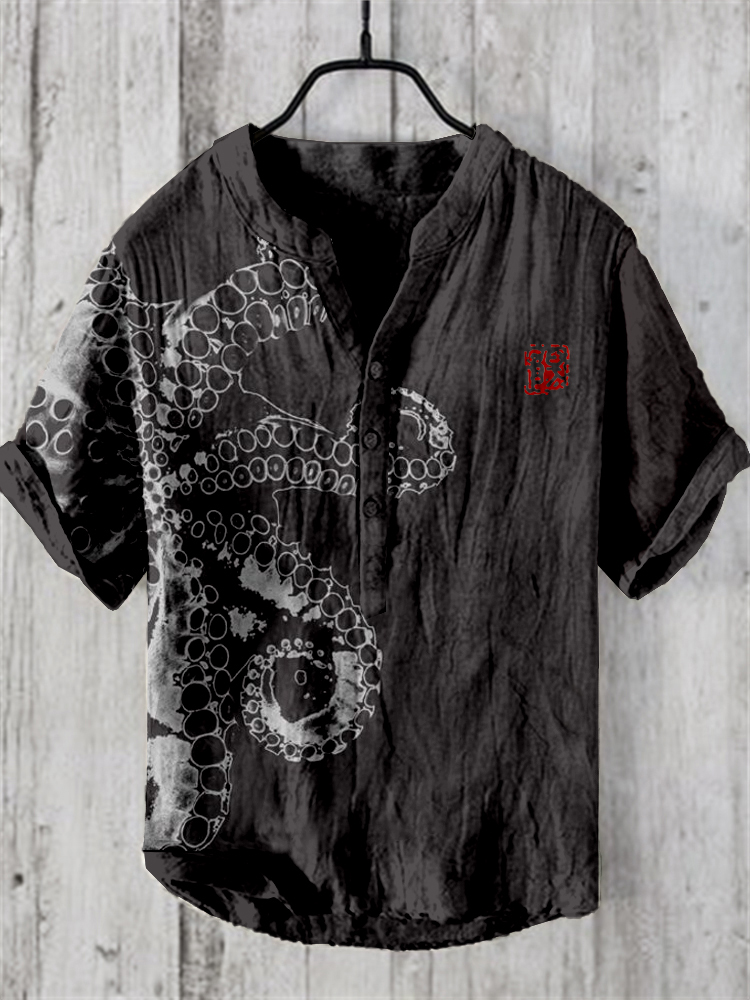 Comstylish Japanese Art Octopus Graphic Print Linen Blend Shirt