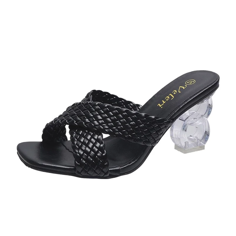 Transparent Strange High Heels Sandals Women Summer 2021 Plus Size Weave Female Slippers Fashion Yellow Open Toe Slides