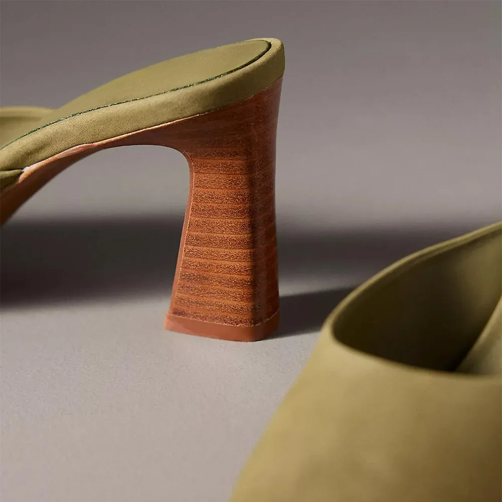 Olive Pointed Toe Mid Chunky Heel Mule Shoes for Women