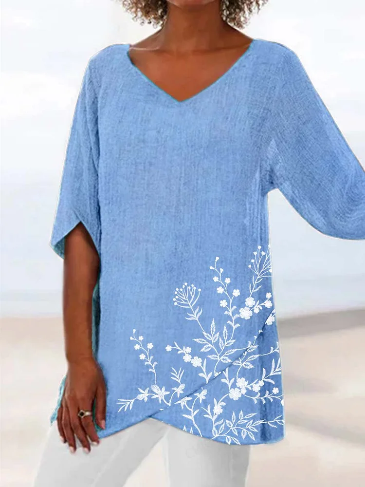 Floral Short Sleeve Printed Polyester V Neck Vintage Summer Blue Top