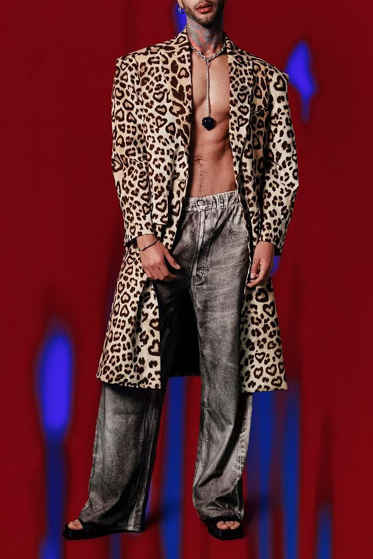 Casual Leopard Heart Print Oversized Trench Coat [Pre-Order]