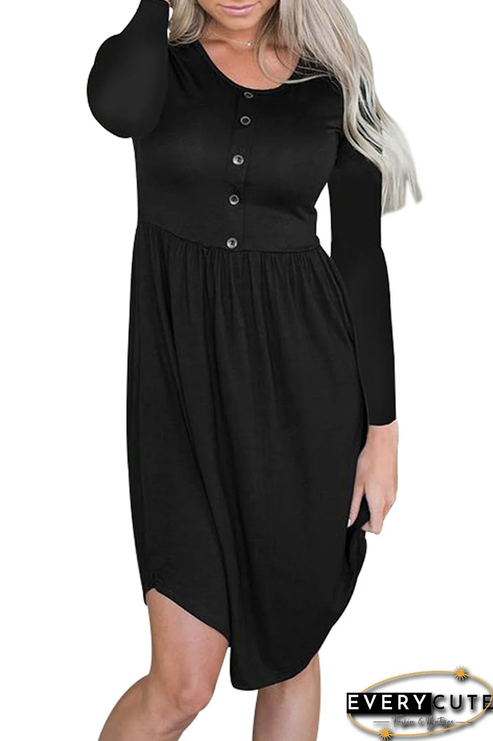 Black Long Sleeve Button Ruffled Irregular Hem Swing Dress