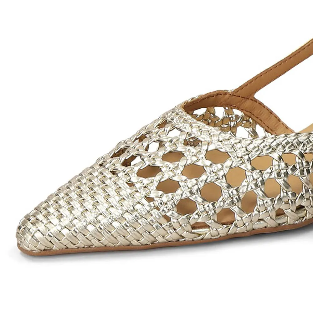 Stylish Gold Pointed Toe Woven Slingback Pumps Heels with Cut-Outs