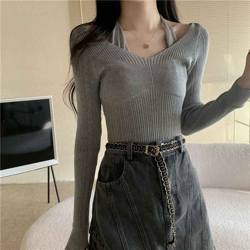 Uveng Uveng Up Spring And Autumn New Chic Sexy Chest Thin Hanging Neck Two Long-Sleeved Knitted Jersey Jersey Elastic Sweater