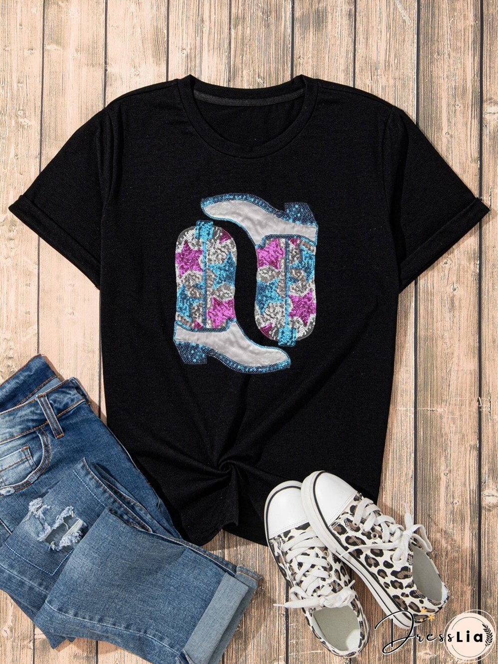 Sparkling Black Western Boots & Stars Tee