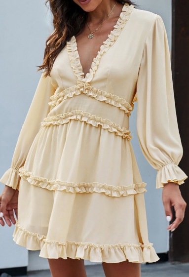 Mature Women Casual Summer V Neck Ruffle Detailing Open Back Dress
