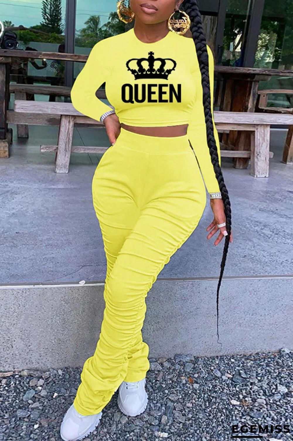 Yellow Casual Print Patchwork Fold O Neck Long Sleeve Two Pieces | EGEMISS
