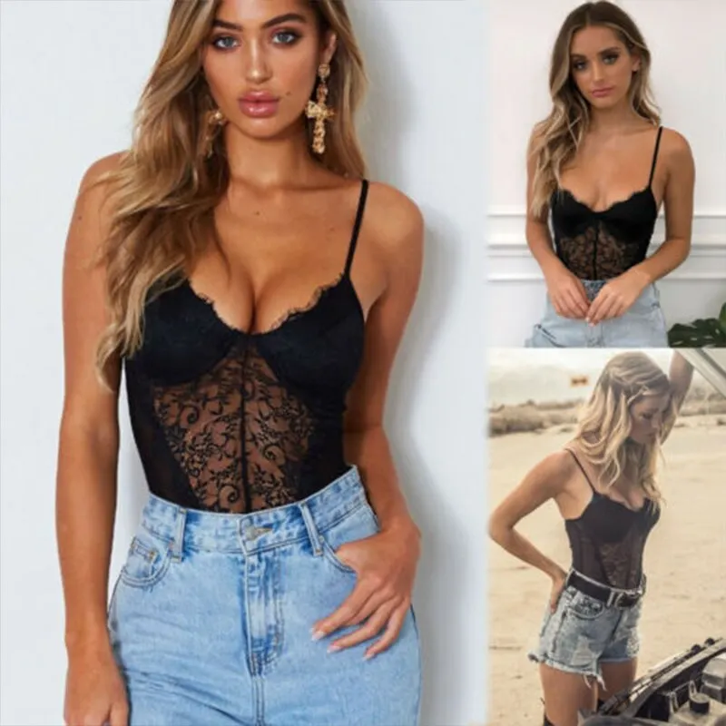 Sexy Lace Bodysuit Stretch Leotard Sleeveless Camis Bra Lace Bodycon Exotic Apparel for Women