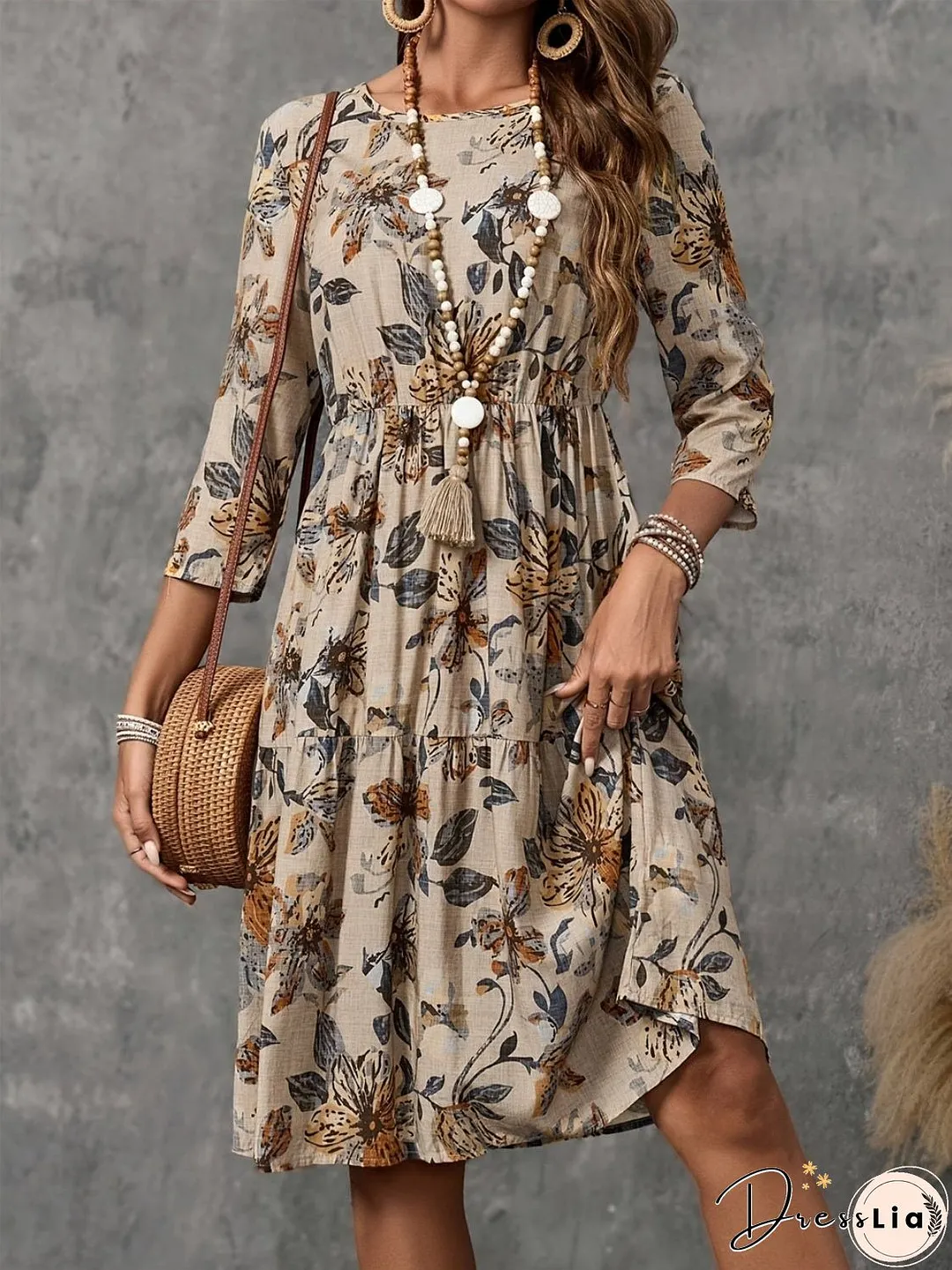 Printed Round Neck Three-Quarter Sleeve Dress