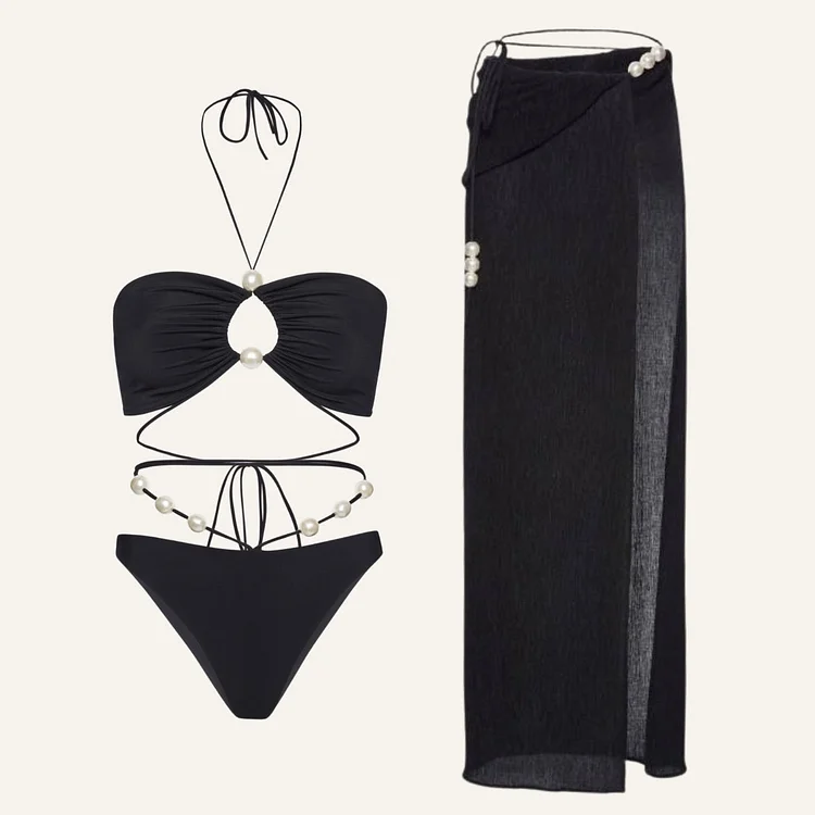 Halterneck Pearl Bandeau High Waist Bikini Swimsuit and Sarong