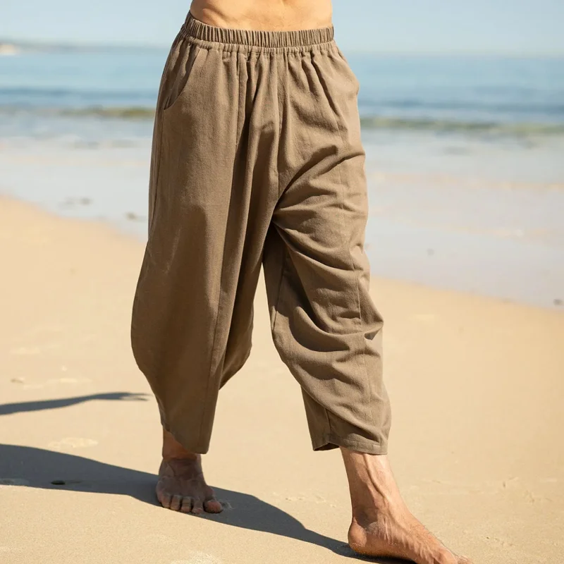 Men's Brown Elastic Waist Straight Trousers