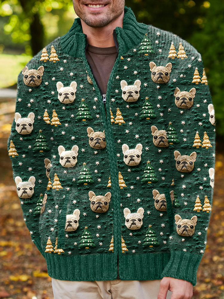Comstylish Christmas Tree & French Bulldogs Pattern Cozy Knit Cardigan