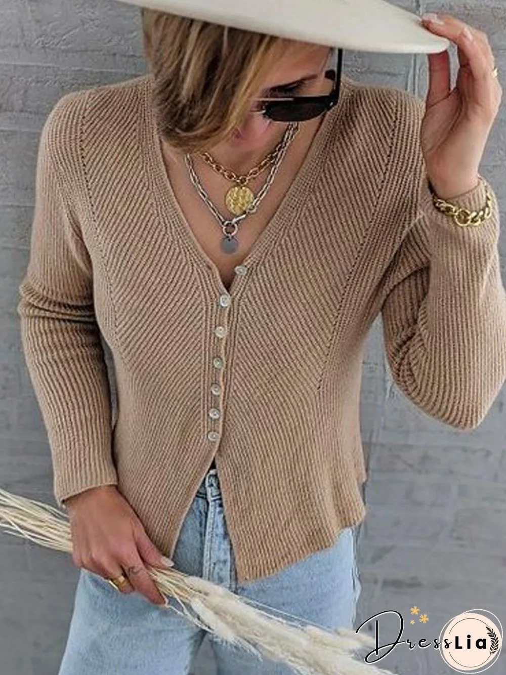 Women Simple Winter Solid V neck Cotton-Blend Daily Casual Long sleeve Sweater