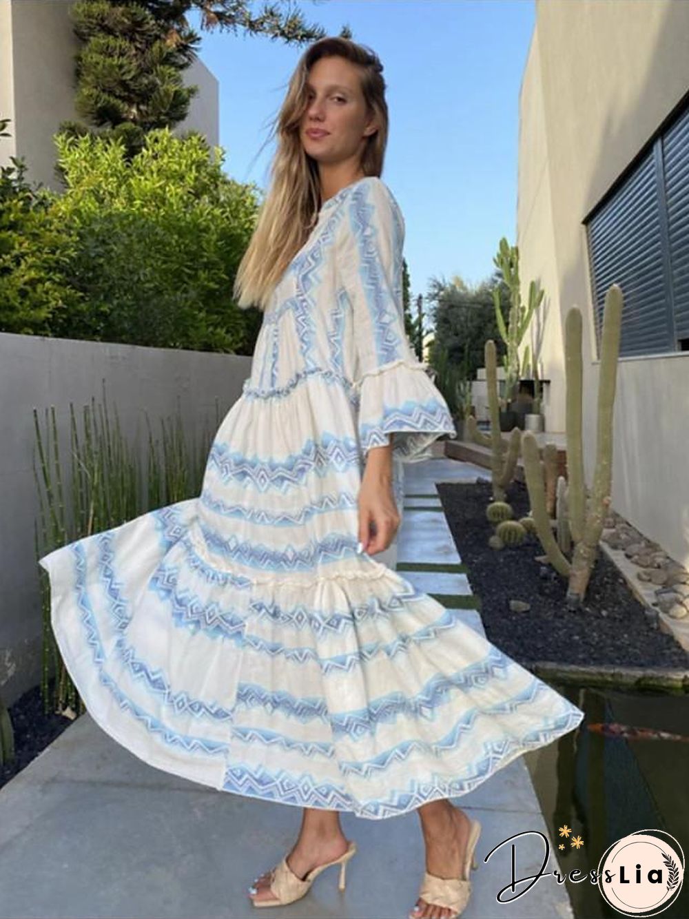 Women's Swing Dress Midi Dress Long Sleeve Print Print Fall Casual Light Blue S M L XL XXL