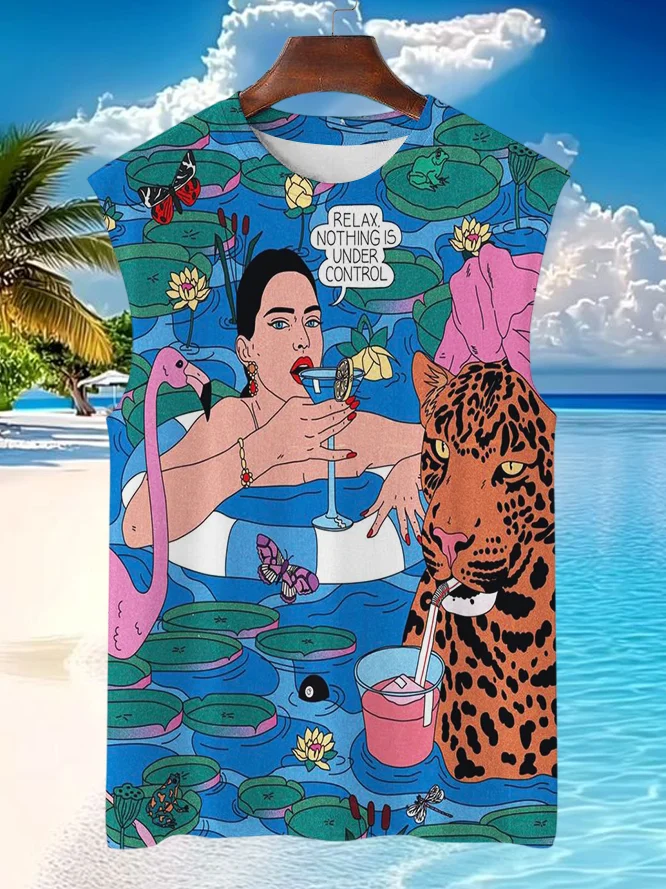 Men's Hawaii Relay Nothing Under Control Flamingo Leopard Print Vacation Tank Top