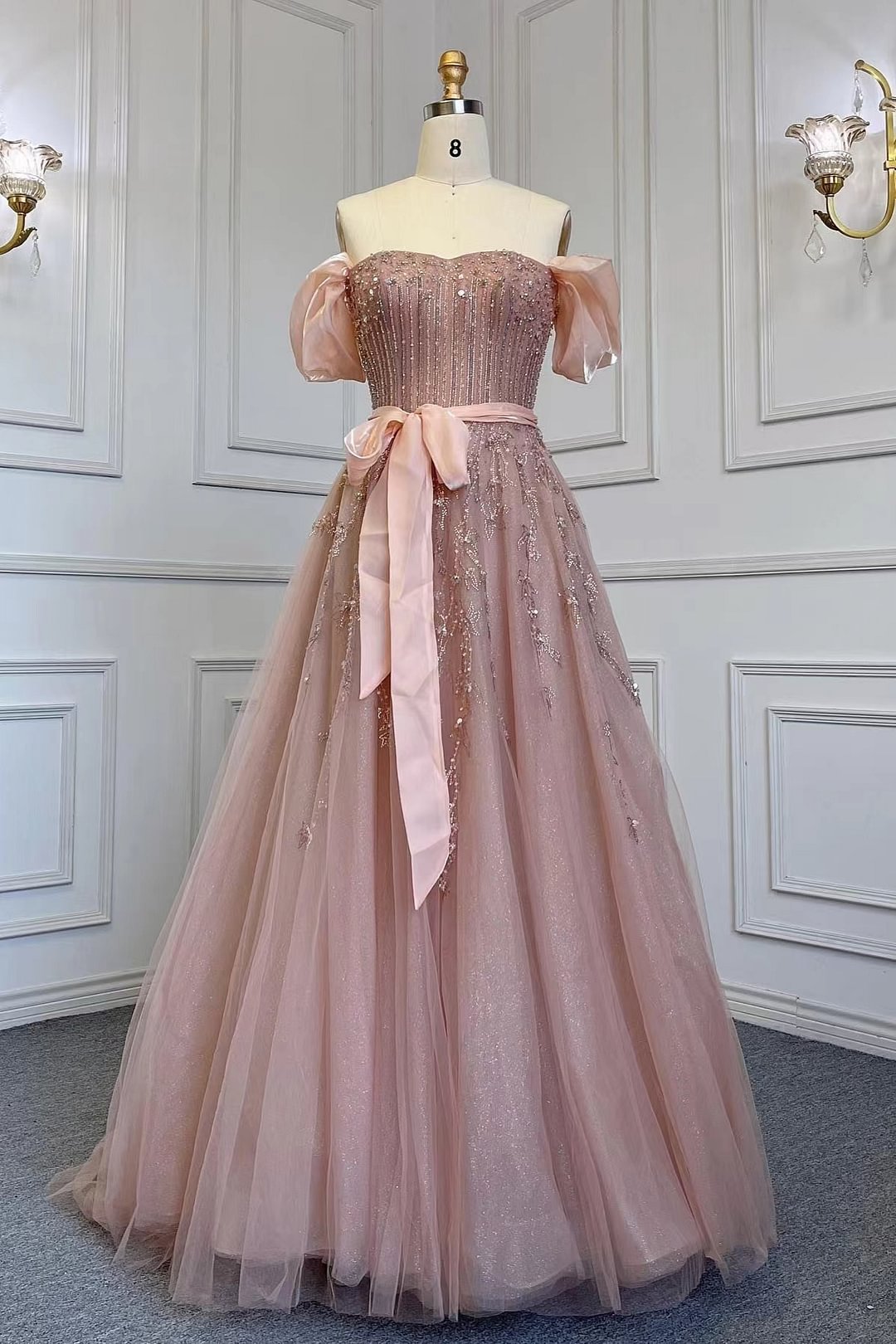 Pink Off-The-Shoulder Sequins Tulle Prom Dress Belt With Bubble Sleeves  |Ballbellas Ballbellas