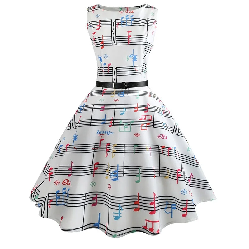 Women Summer Music Note Print Dress Robe Retro Swing Casual Vintage Sleeveless O-Neck Swing Dresses Vestidos