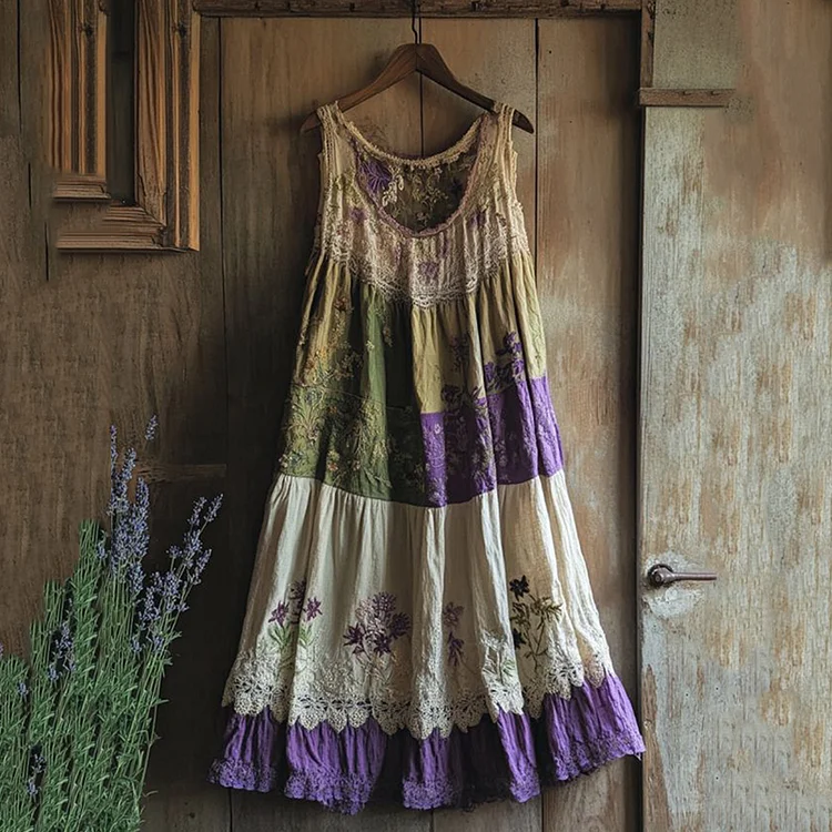 Utbros Vintage Tribal Embroidered Violet Floral Art Linen Dress