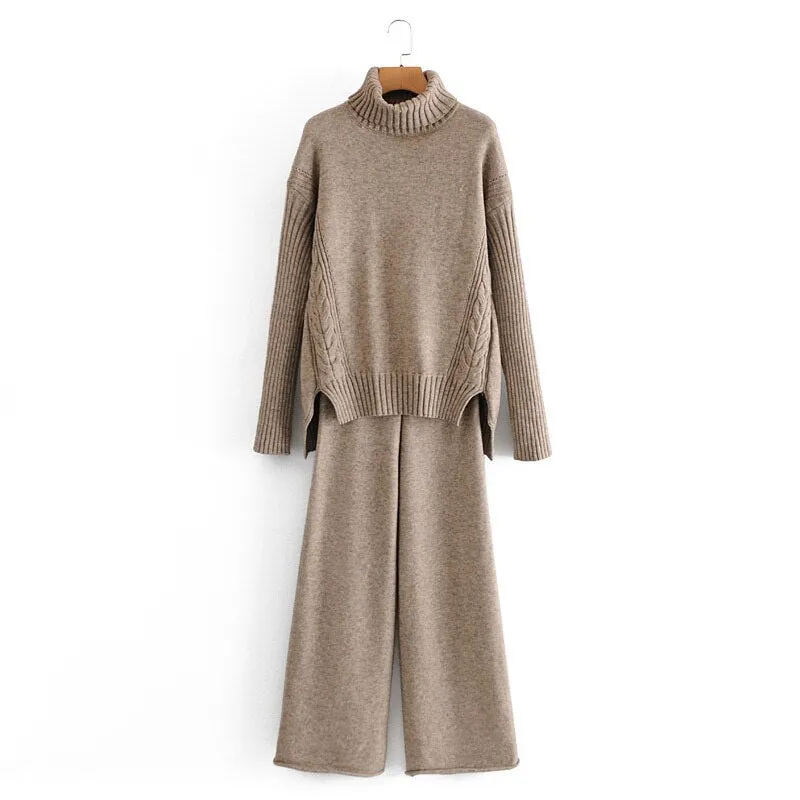Autumn and winter women's suit casual solid color high neck long sleeve loose sweater + knitted wide leg pants suit