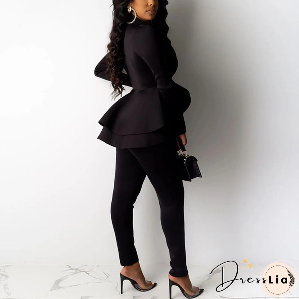 Women's Formal Work Blazer Jacket Pants Business Office Outfits Suit Set Ruffle Solid Color