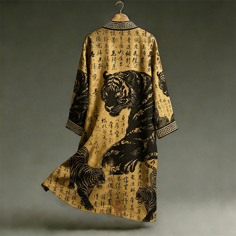Retro Japanese Calligraphy Tiger Art Pattern Casual Linen Blend Kimono  artssus