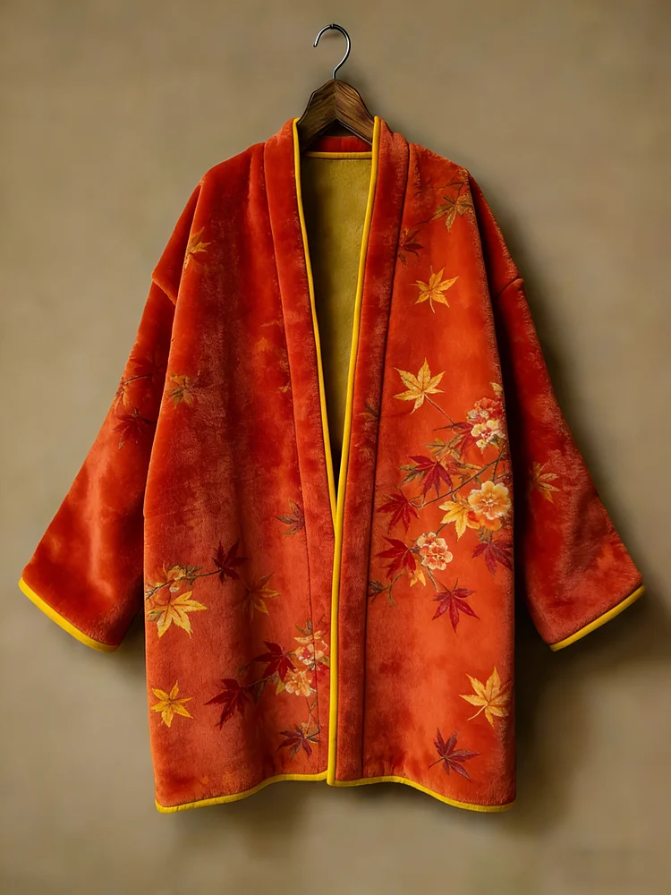 Oriental aesthetic printed flannel embroidered medium and long kimono cardigan