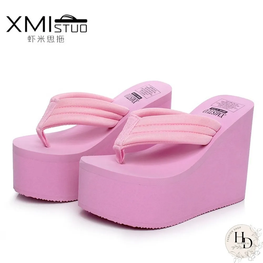 Women Summer Slipper Soild Wedge Platform Flip Flops High Heels Beach Sandals Ladies Thick High