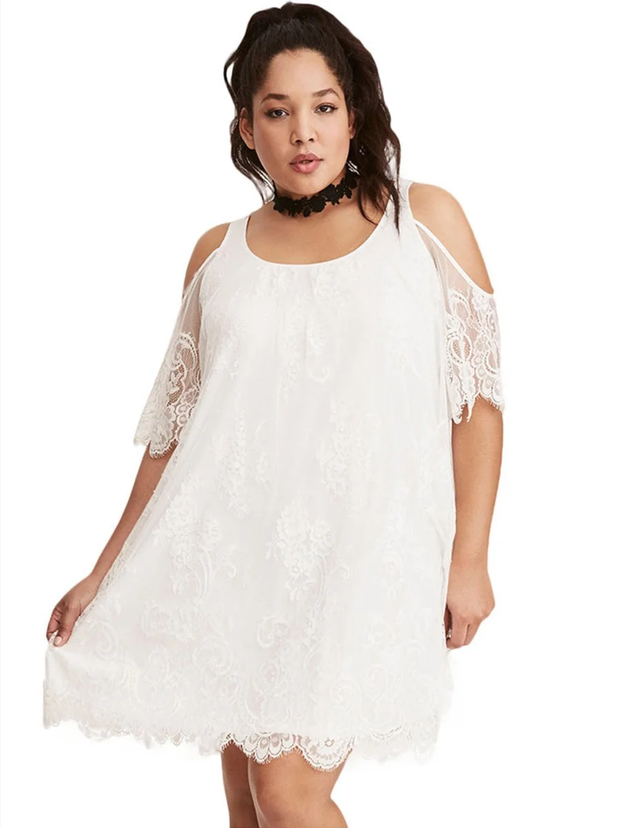 Plus Size Lace Dress Hollow Out Lace Patchwork Midi Dress