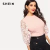 SHEIN Pink Lady Elegant Bishop Sleeve Lace Floral Appliques Rib-Knit Tee Women Spring Casual High Street Fashion Tshirt Tops