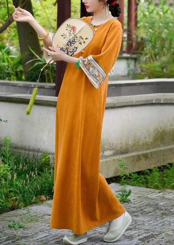 Elegant Orange Button Print Silk Long Dresses Bracelet Sleeve