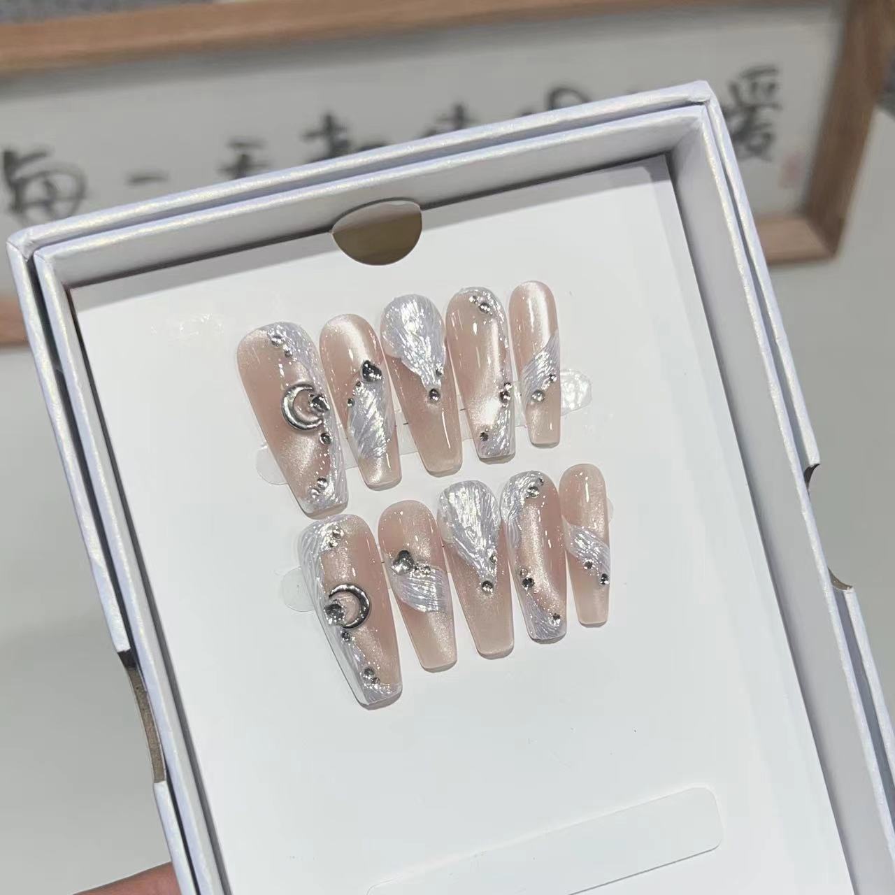 Longyouyou Full Cover False Nails Press on Nails Fake Nails Diy Pure Handmade Removable Nude Cat Eye Aurora Pink Ribbon Crushed Diamond