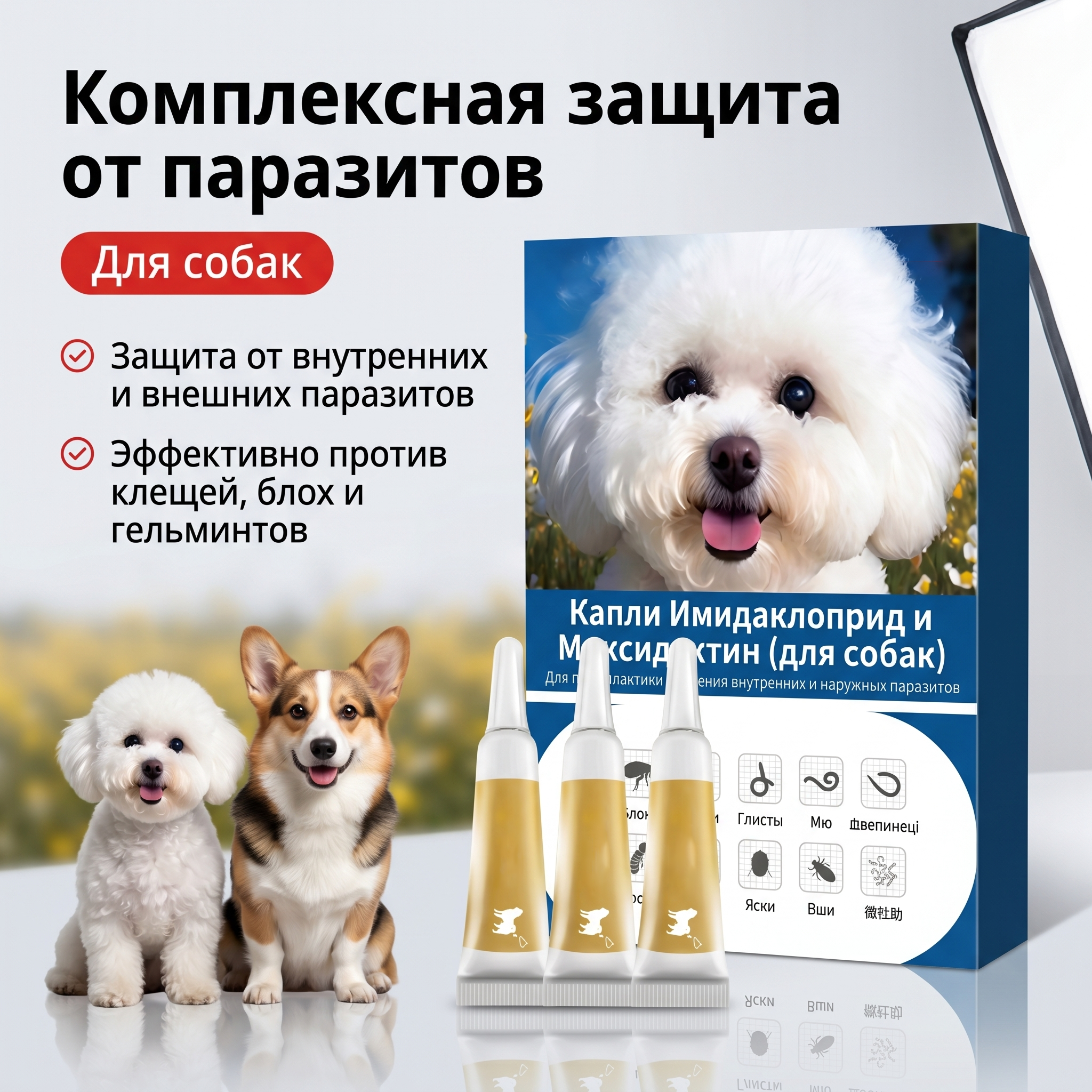GOPET&reg; Противгельминтный препарат для собак и кошек, комплексный препарат для животных, против ушных грибков, капли с пириметрином и моксиклдином 