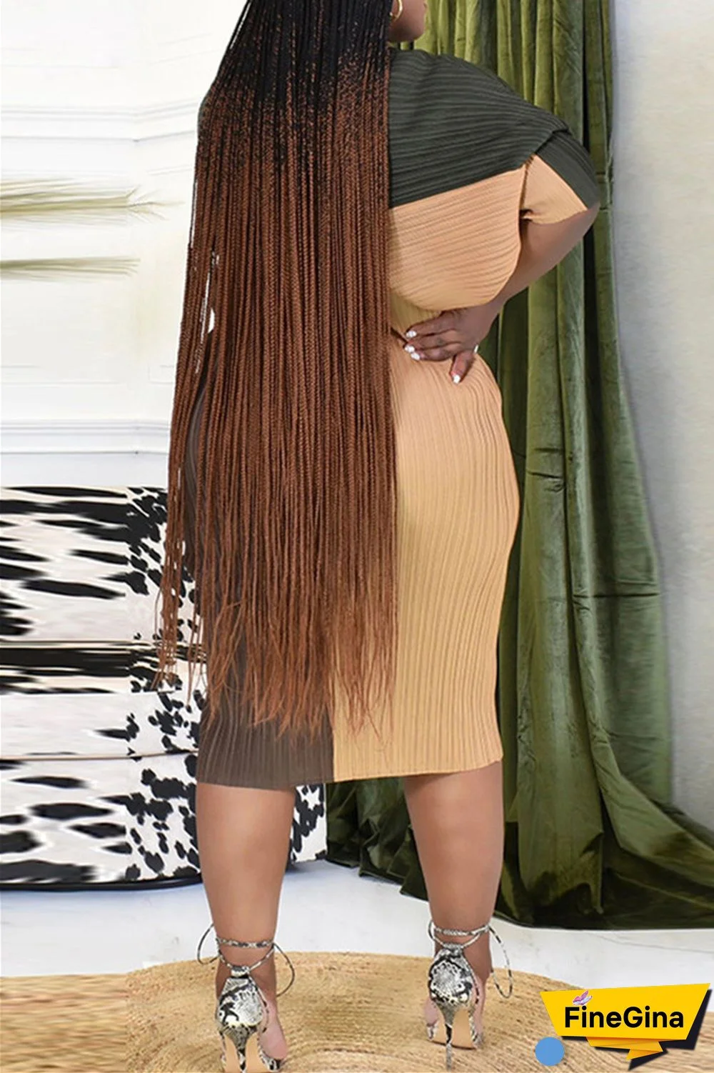 Pink Purple Casual Print Patchwork V Neck Pencil Skirt Plus Size Dresses