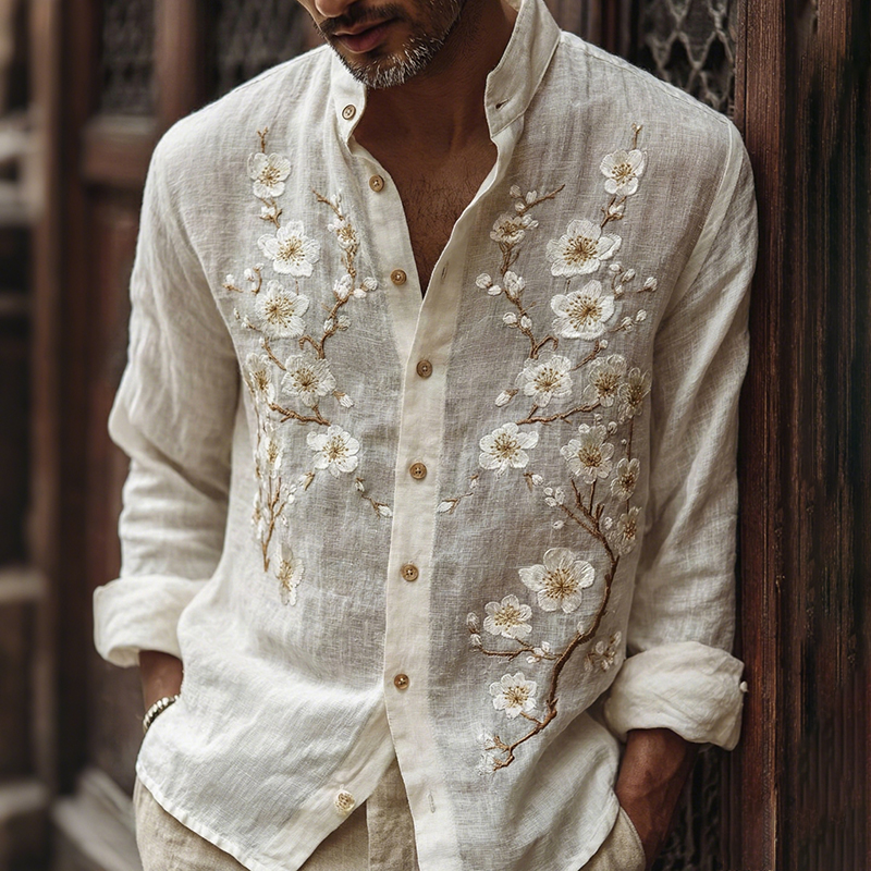 Men's Vintage Cherry Blossom Embroidered Art Print Comfy Shirt  artssus