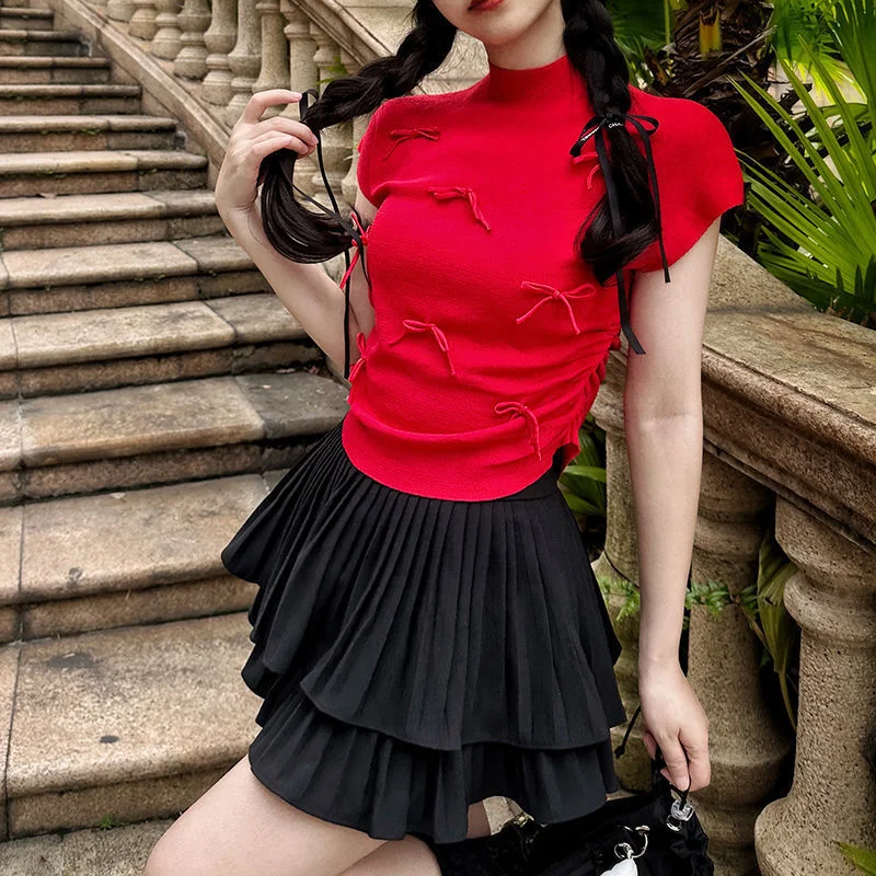 Uveng Uveng Wind Gentle Niche Bow High-Neck Short Sleeve New T-Shirt Summer Slimming Short Blouses Ins