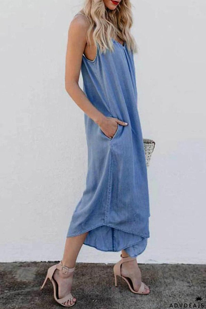 Sleeveless V-neck Wide Leg Denim Jumpsuit