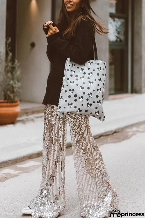 Sequin Wide Flare Pants